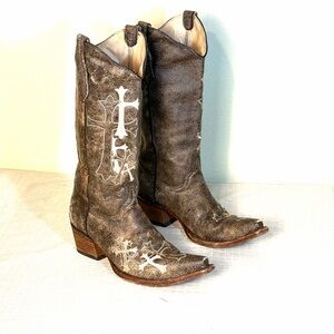 Circle G Brown Leather Embroidered Cross Snip Toe Cowgirl Cowboy Boots Size 9 M